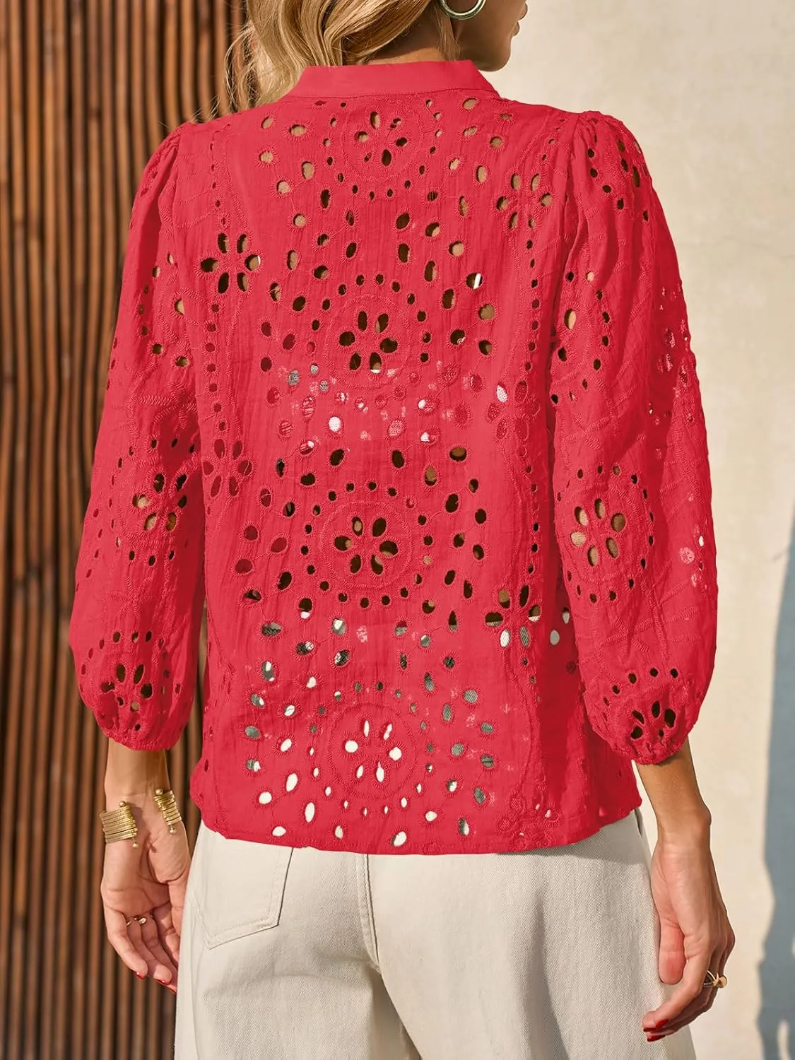 Tankaneo Womens Deep V Neck Eyelet Blouses Tops Dressy Casual 3/4 Balloon Sleeve Cotton Button Down Shirts