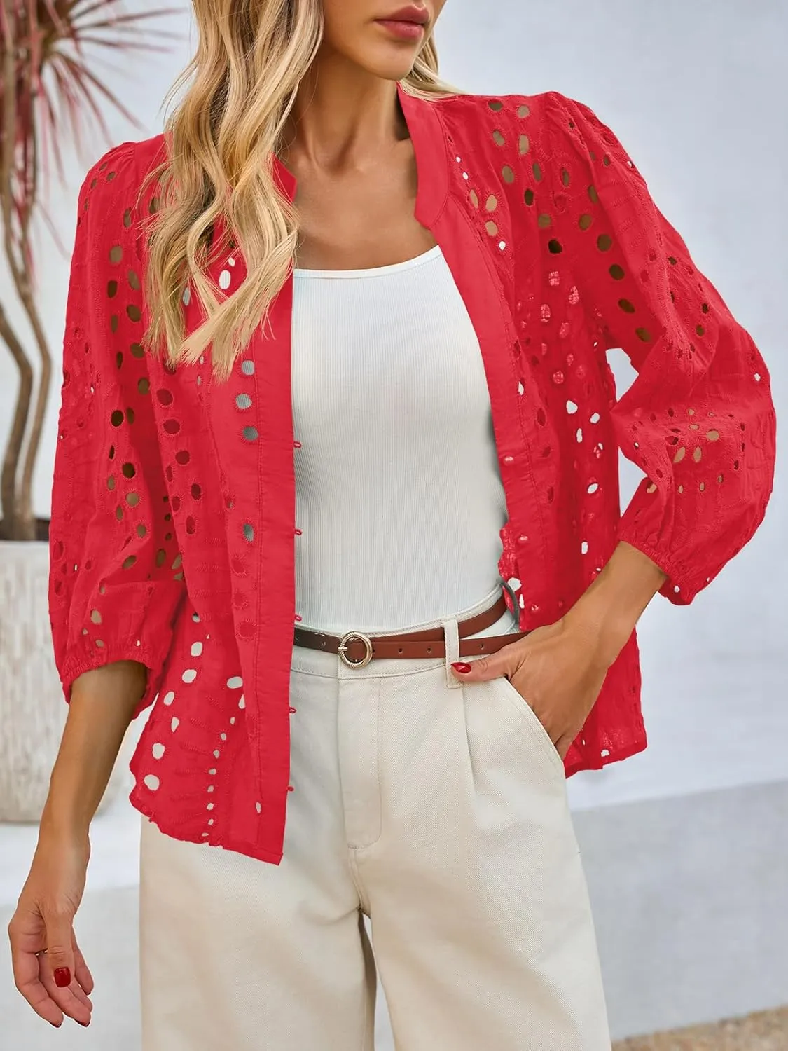 Tankaneo Womens Deep V Neck Eyelet Blouses Tops Dressy Casual 3/4 Balloon Sleeve Cotton Button Down Shirts