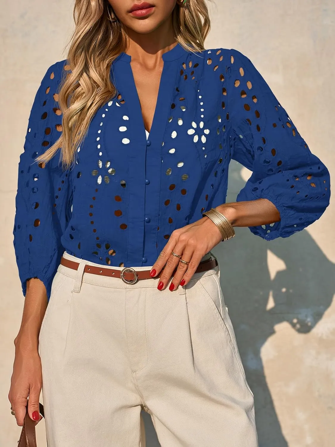 Tankaneo Womens Deep V Neck Eyelet Blouses Tops Dressy Casual 3/4 Balloon Sleeve Cotton Button Down Shirts