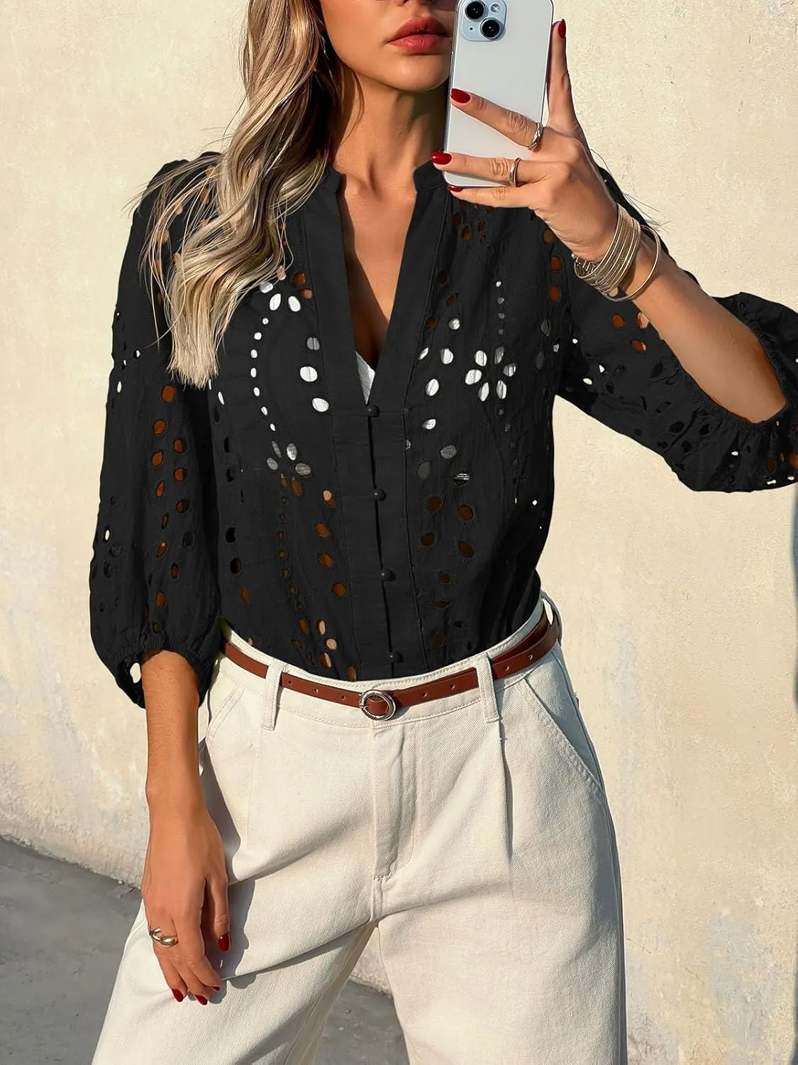 Tankaneo Womens Deep V Neck Eyelet Blouses Tops Dressy Casual 3/4 Balloon Sleeve Cotton Button Down Shirts