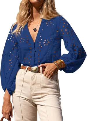 Tankaneo Womens Deep V Neck Eyelet Blouses Tops Dressy Casual 3/4 Balloon Sleeve Cotton Button Down Shirts