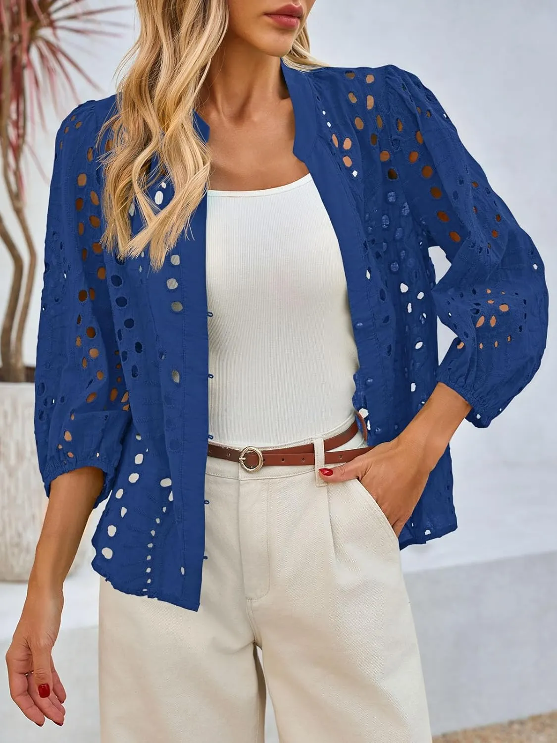 Tankaneo Womens Deep V Neck Eyelet Blouses Tops Dressy Casual 3/4 Balloon Sleeve Cotton Button Down Shirts