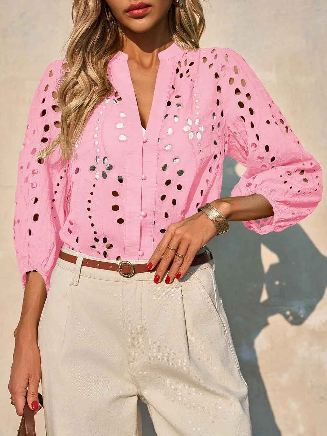 Tankaneo Womens Deep V Neck Eyelet Blouses Tops Dressy Casual 3/4 Balloon Sleeve Cotton Button Down Shirts