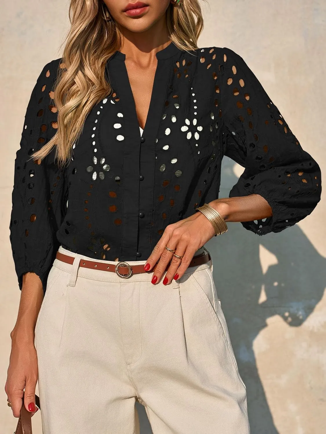 Tankaneo Womens Deep V Neck Eyelet Blouses Tops Dressy Casual 3/4 Balloon Sleeve Cotton Button Down Shirts
