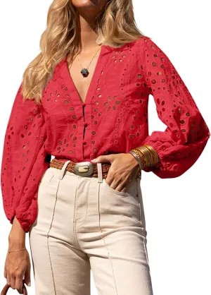 Tankaneo Womens Deep V Neck Eyelet Blouses Tops Dressy Casual 3/4 Balloon Sleeve Cotton Button Down Shirts