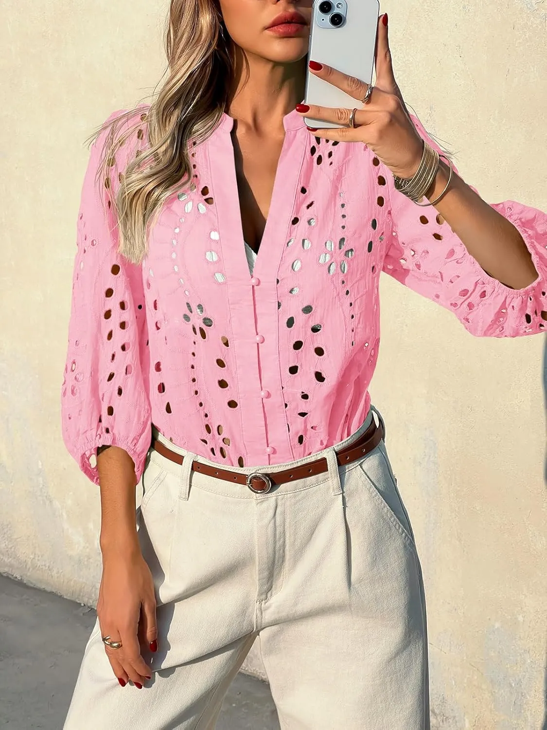 Tankaneo Womens Deep V Neck Eyelet Blouses Tops Dressy Casual 3/4 Balloon Sleeve Cotton Button Down Shirts