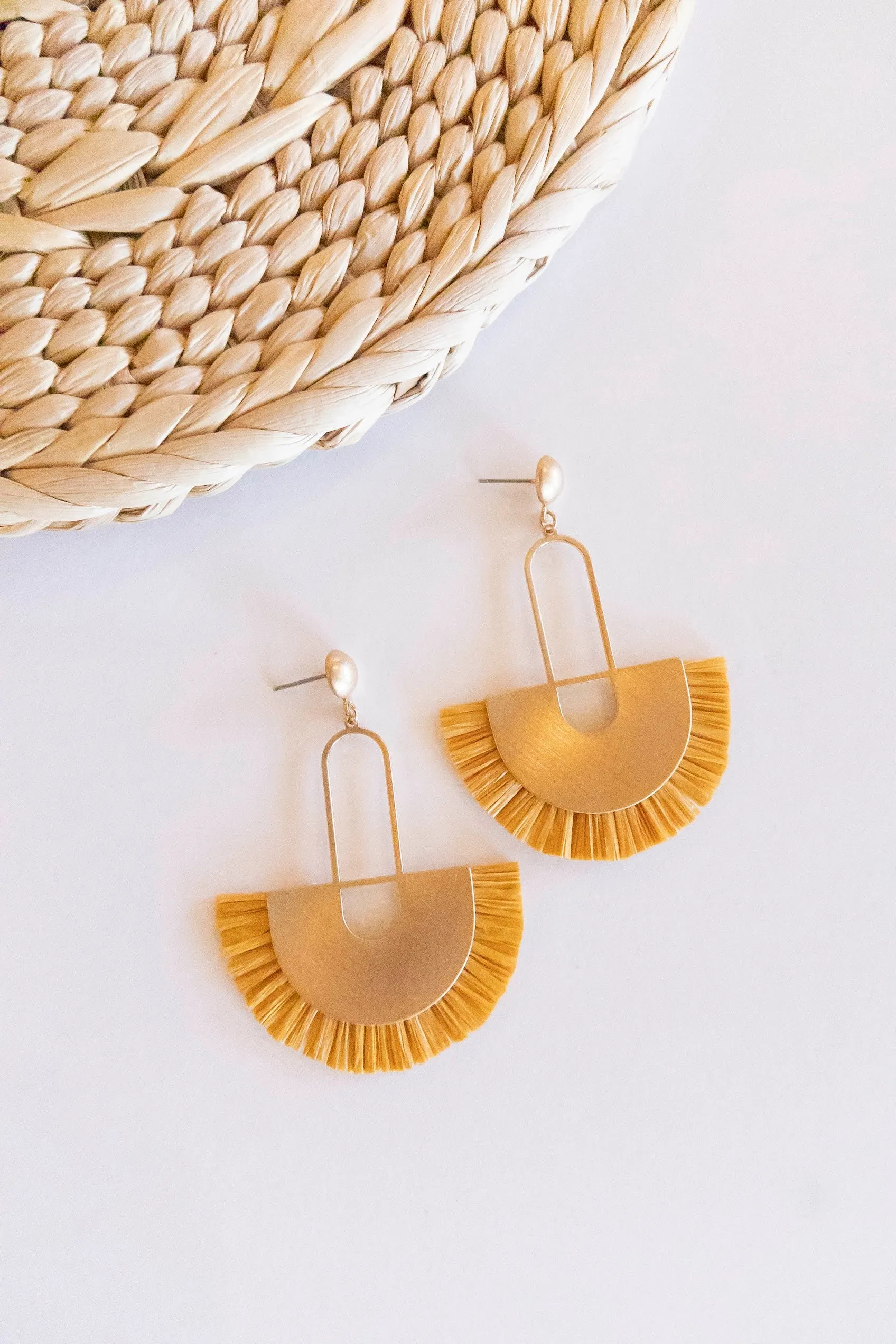 Trudy Raffia Earrings | Art Deco Brass and Fringe Earrings | Fall Boho Chic Dangle Earrings