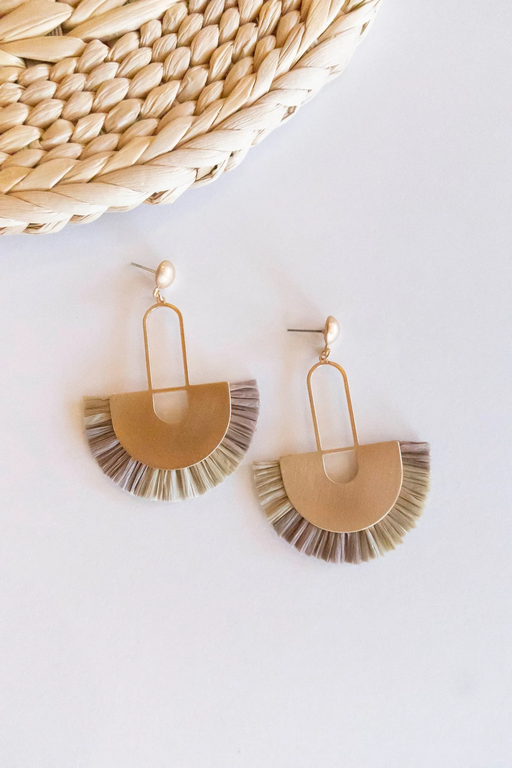 Trudy Raffia Earrings | Art Deco Brass and Fringe Earrings | Fall Boho Chic Dangle Earrings