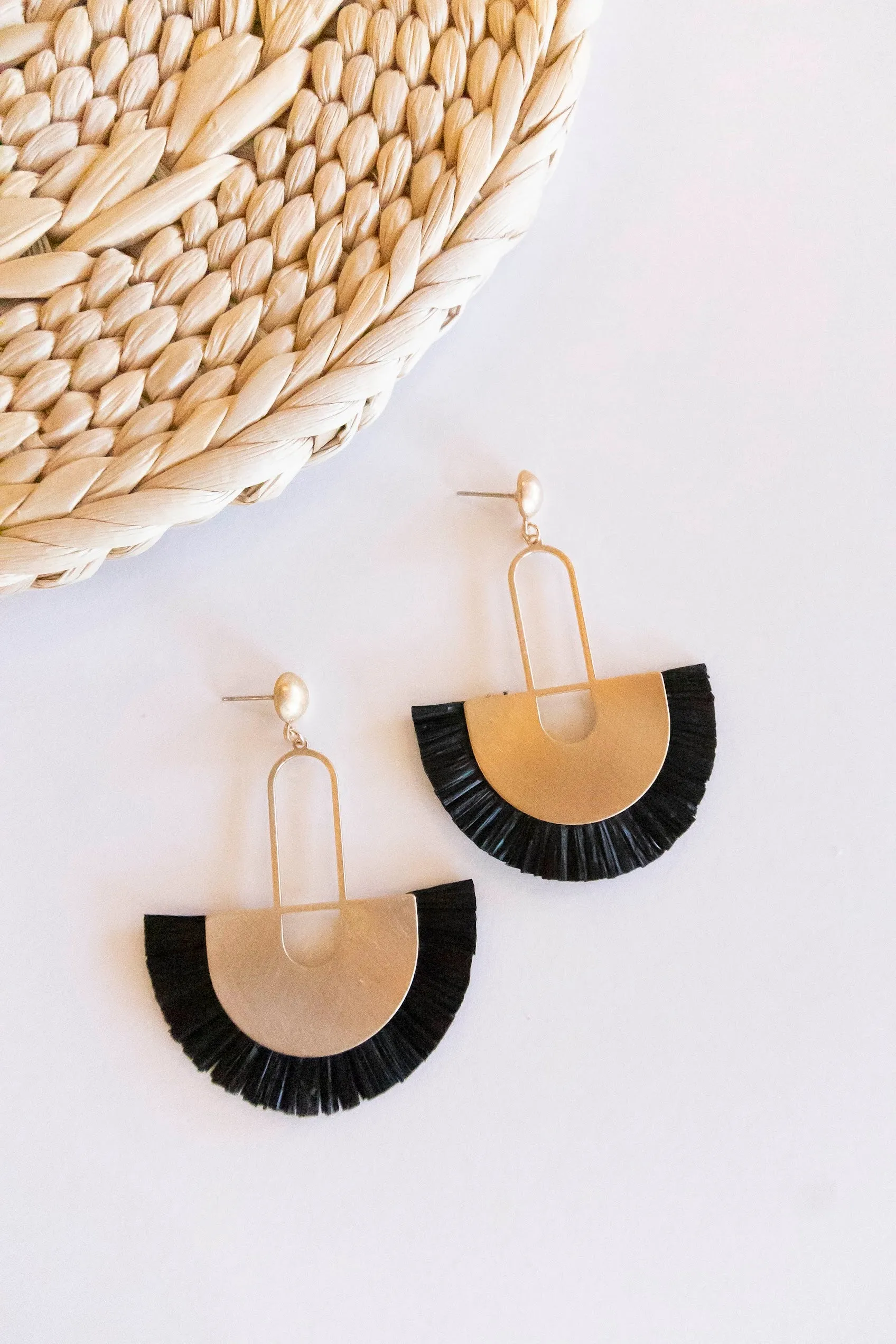 Trudy Raffia Earrings | Art Deco Brass and Fringe Earrings | Fall Boho Chic Dangle Earrings