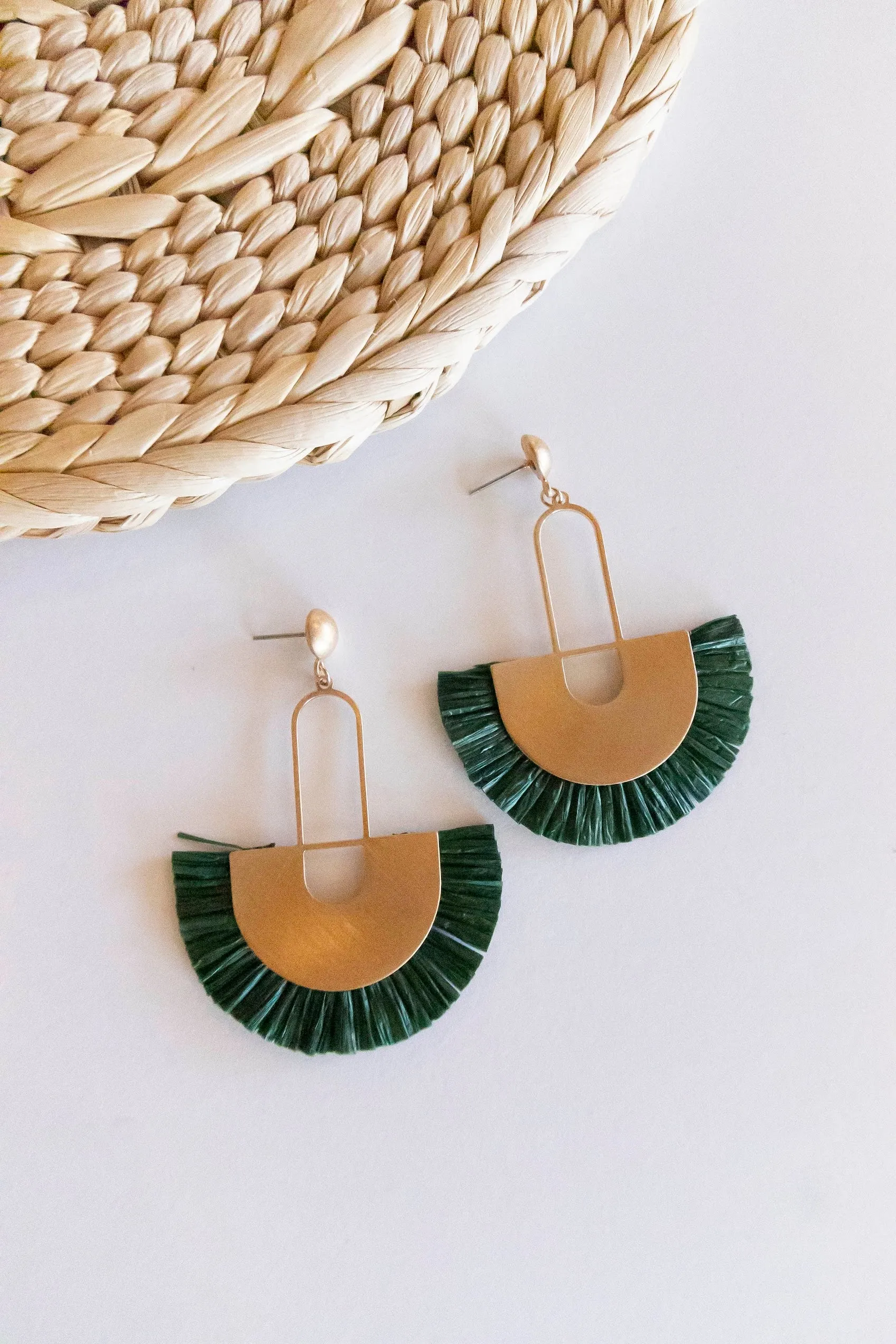 Trudy Raffia Earrings | Art Deco Brass and Fringe Earrings | Fall Boho Chic Dangle Earrings