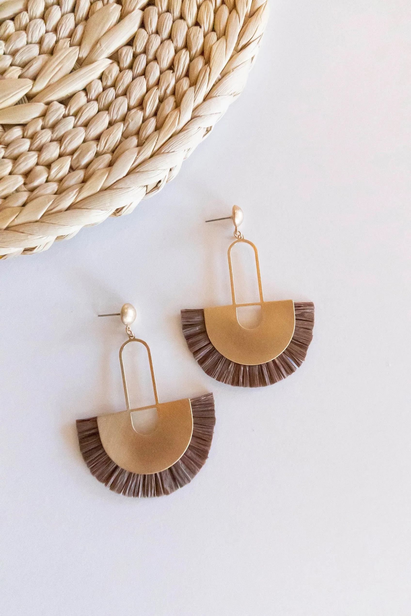 Trudy Raffia Earrings | Art Deco Brass and Fringe Earrings | Fall Boho Chic Dangle Earrings