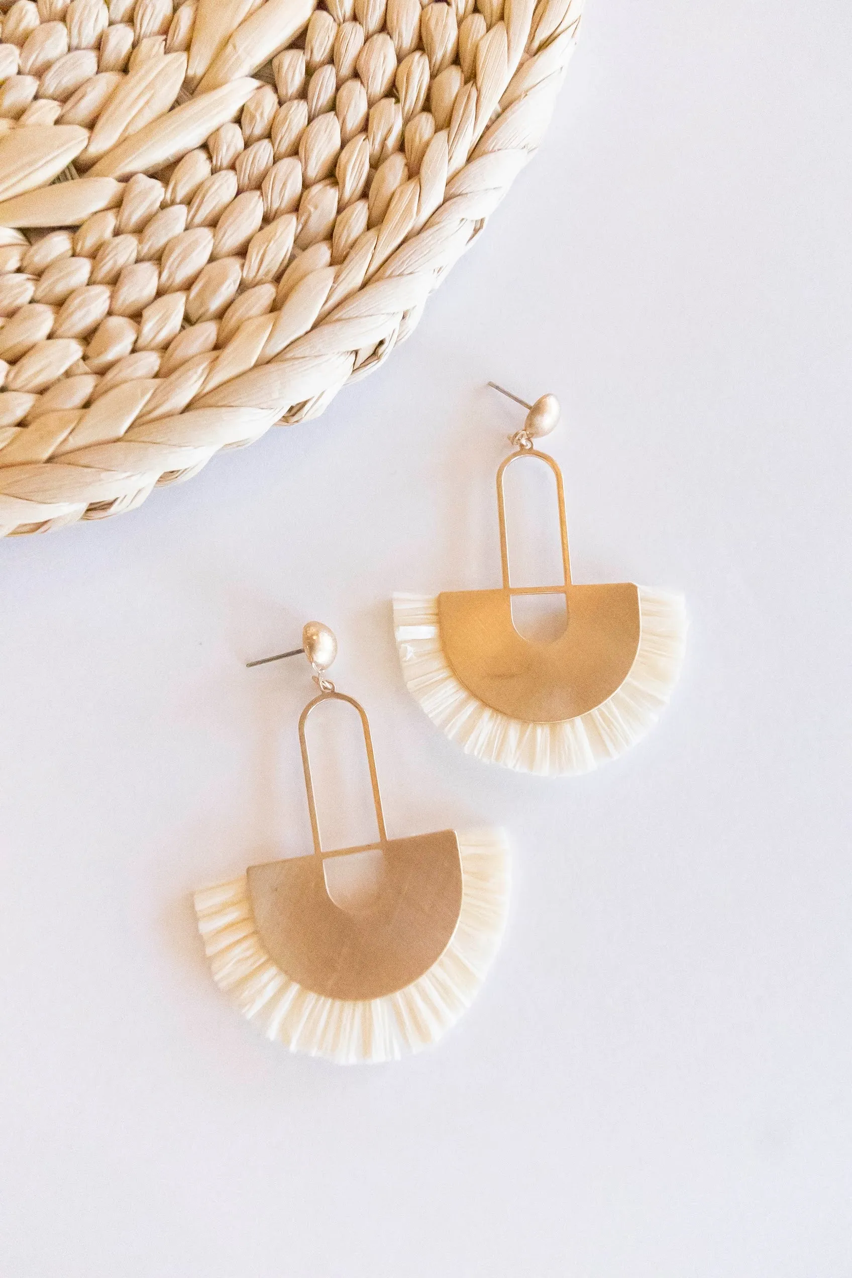 Trudy Raffia Earrings | Art Deco Brass and Fringe Earrings | Fall Boho Chic Dangle Earrings