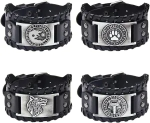 TURTLEDOVE 4 PCS Viking Leather Bracelet - Medieval Leather Cuff Wristband of Wolf Fenrir
