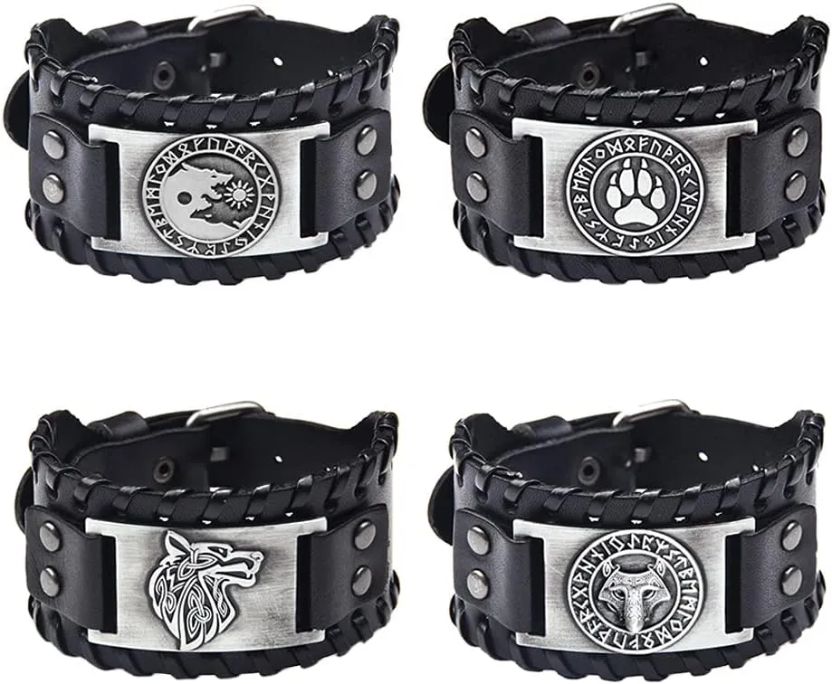 TURTLEDOVE 4 PCS Viking Leather Bracelet - Medieval Leather Cuff Wristband of Wolf Fenrir