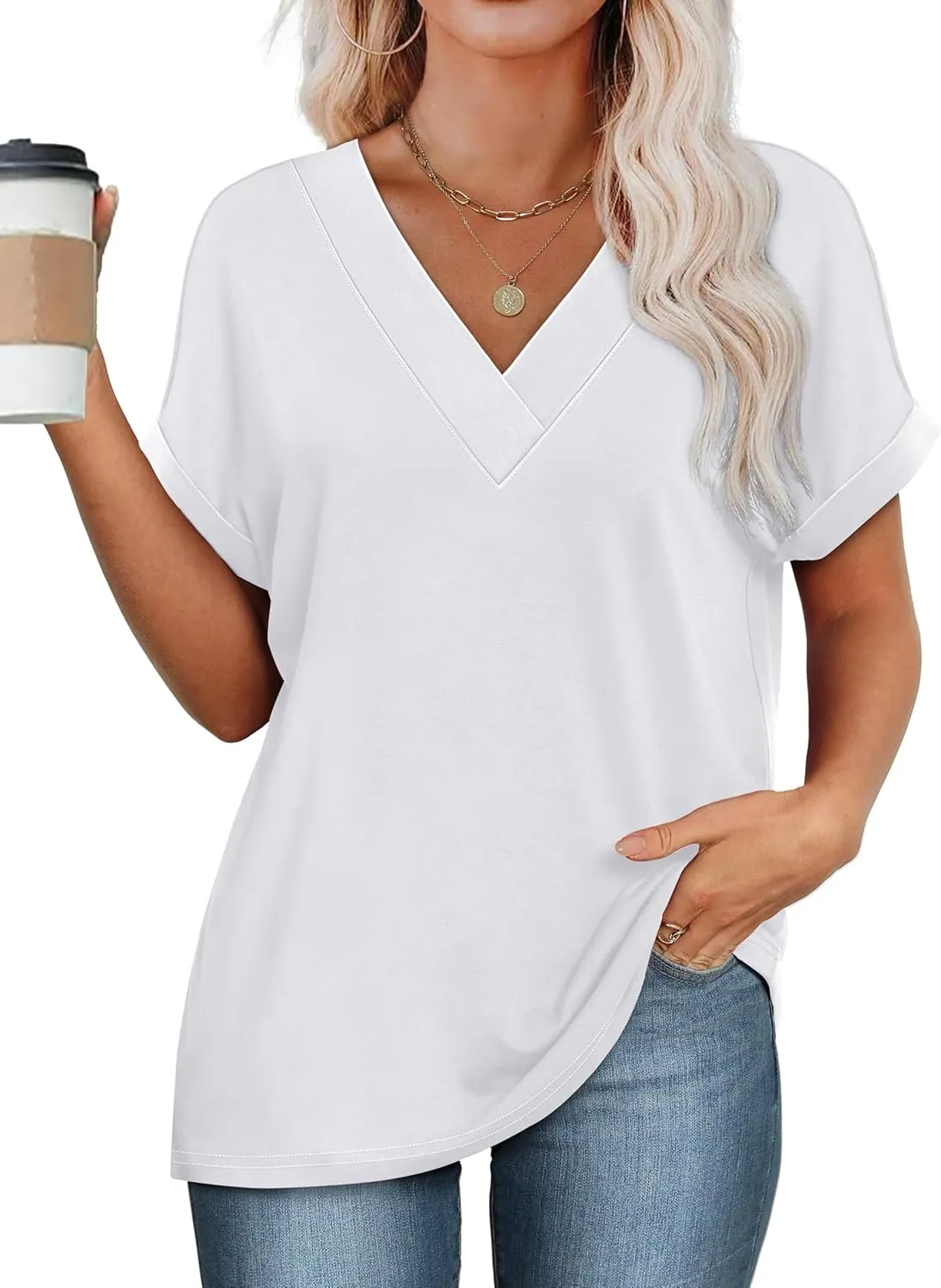 WIHOLL Womens Summer Tops Short Dolman Sleeve Shirts 2025 Fashion V Neck Outfits Clothes
