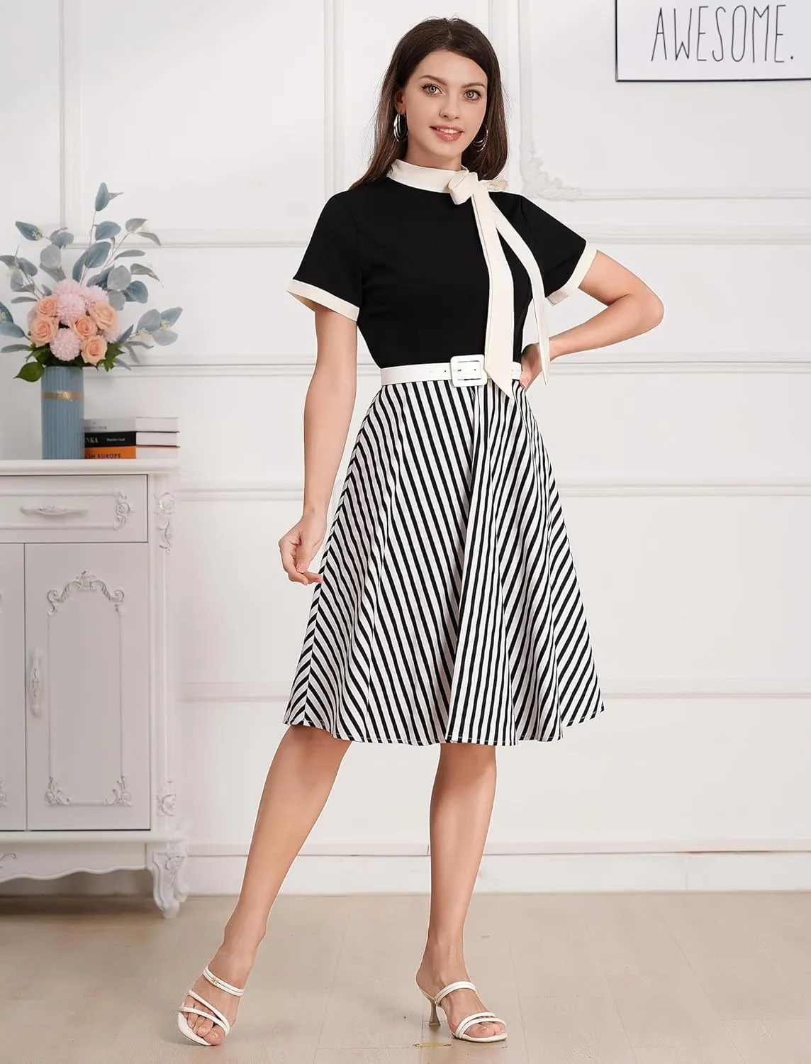 Women 1950s Vintage Floral Cocktail Swing Dress 50s Short Sleeve Audrey Hepburn Rockabilly Prom Dress A Line Tea Party Dress