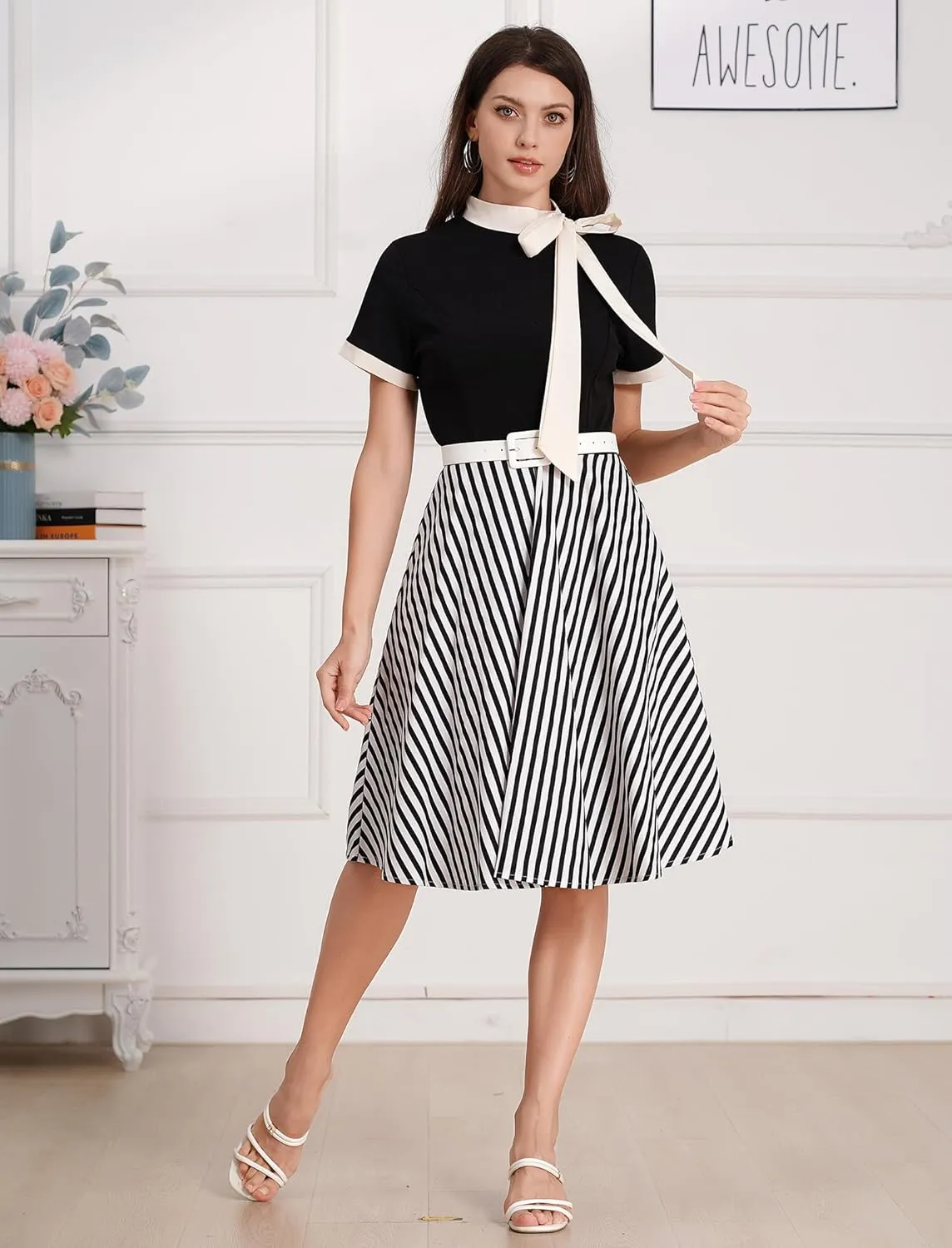 Women 1950s Vintage Floral Cocktail Swing Dress 50s Short Sleeve Audrey Hepburn Rockabilly Prom Dress A Line Tea Party Dress