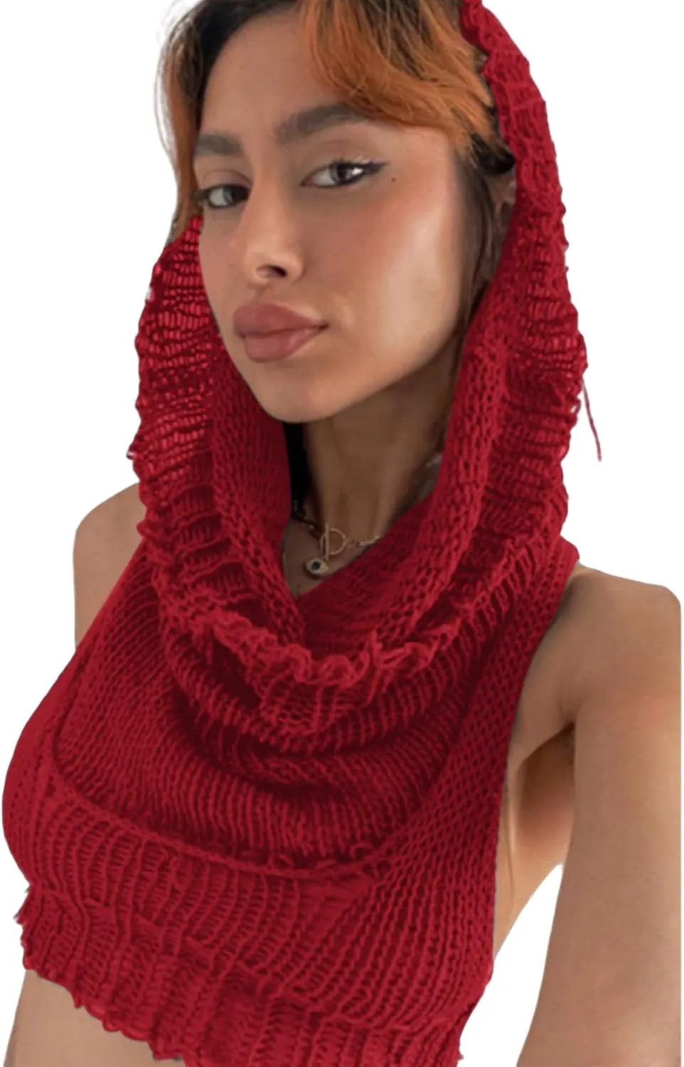 Women Knitted Hoodie Sweater Vest Sexy Sleeveless Hollow Out Hooded Crop Top Streetwear Rave Oufit