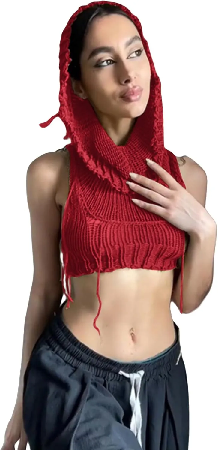 Women Knitted Hoodie Sweater Vest Sexy Sleeveless Hollow Out Hooded Crop Top Streetwear Rave Oufit