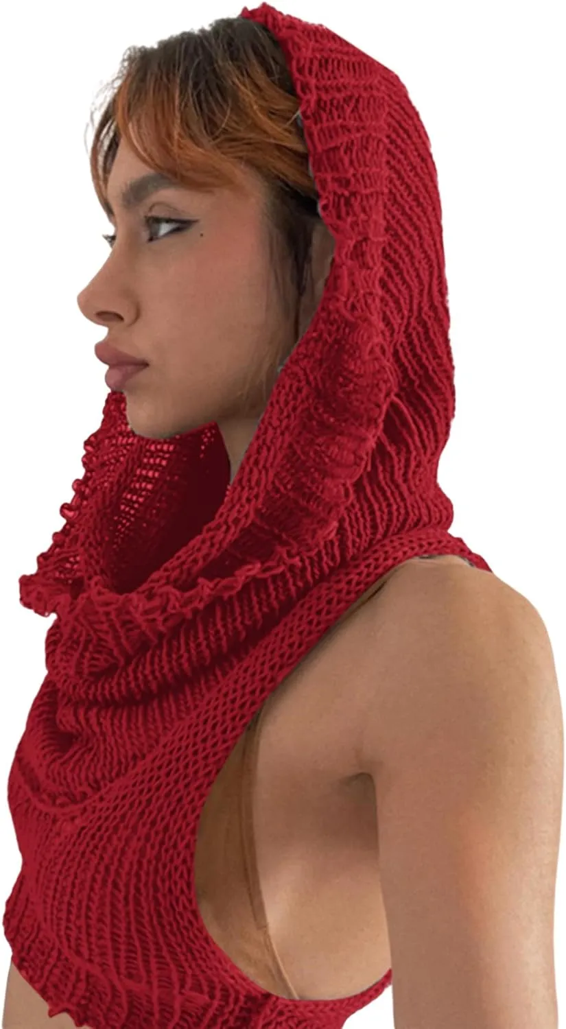 Women Knitted Hoodie Sweater Vest Sexy Sleeveless Hollow Out Hooded Crop Top Streetwear Rave Oufit