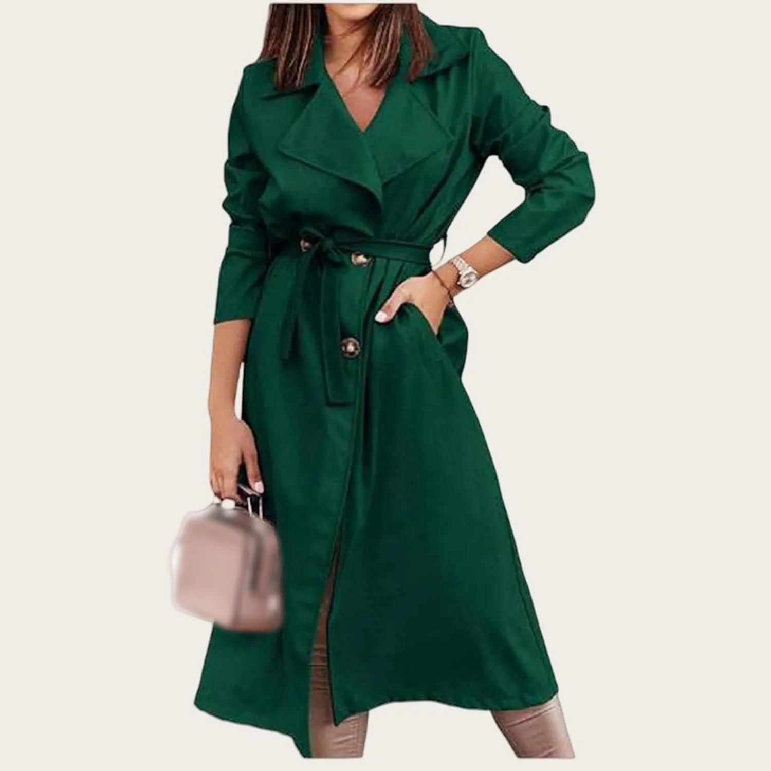 Women's Single Breasted Long Trench Coat Belted Notch Lapel Overcoat Windproof Classic Outerwear Casual Trendy Coat