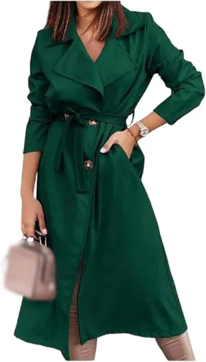 Women's Single Breasted Long Trench Coat Belted Notch Lapel Overcoat Windproof Classic Outerwear Casual Trendy Coat