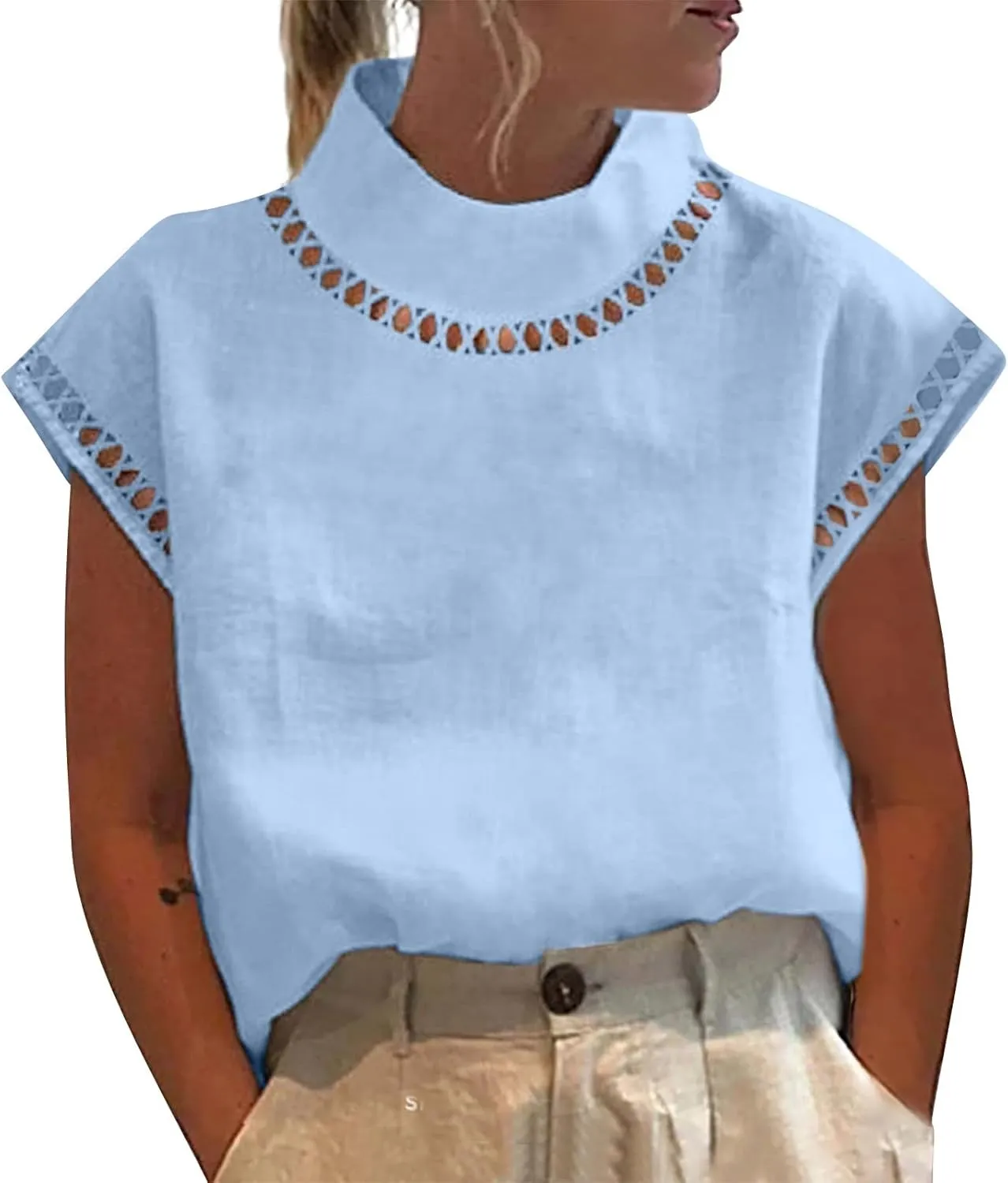 Women's Summer Linen Tops 2025 Cap Sleeve Fashion Shirts Mock Neck Gauze Blouses Plain Basic Tee Loose Fit Pullover