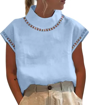 Women's Summer Linen Tops 2025 Cap Sleeve Fashion Shirts Mock Neck Gauze Blouses Plain Basic Tee Loose Fit Pullover
