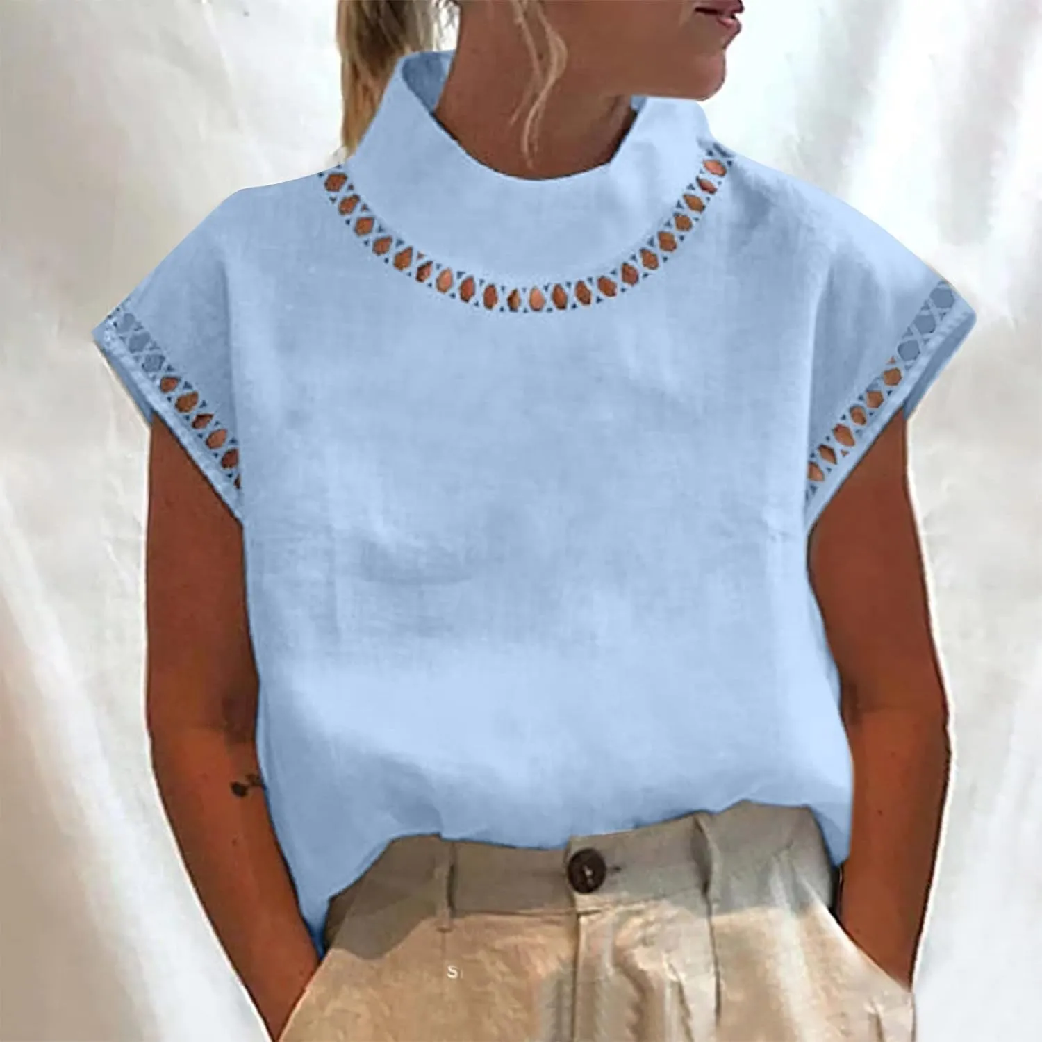 Women's Summer Linen Tops 2025 Cap Sleeve Fashion Shirts Mock Neck Gauze Blouses Plain Basic Tee Loose Fit Pullover