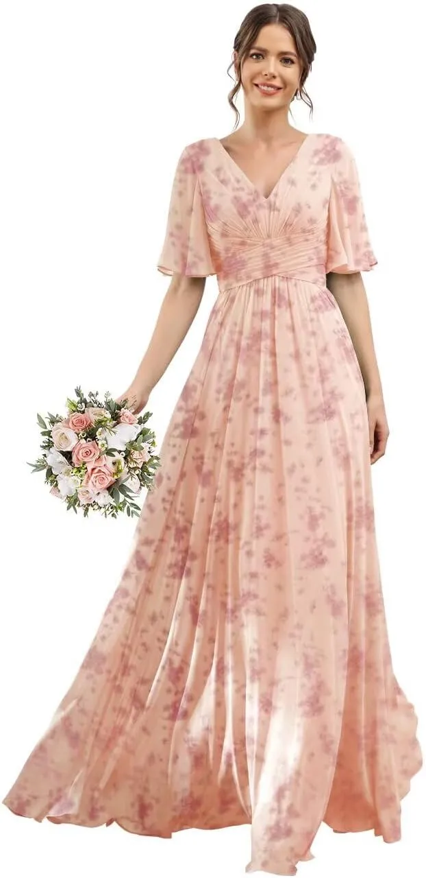 YOFF V-Neck Flutter Sleeve Bridesmaid Dress with Pockets A-Line Long Chiffon Formal Party Dresses with Slit YO003