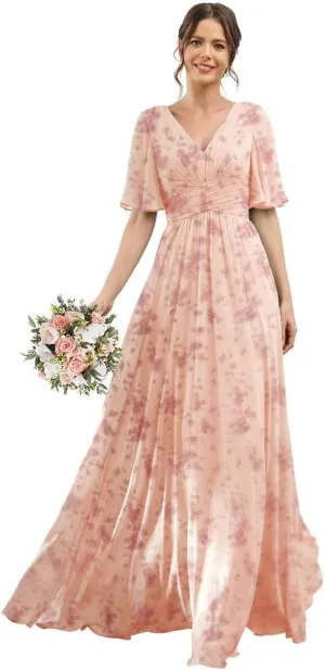 YOFF V-Neck Flutter Sleeve Bridesmaid Dress with Pockets A-Line Long Chiffon Formal Party Dresses with Slit YO003